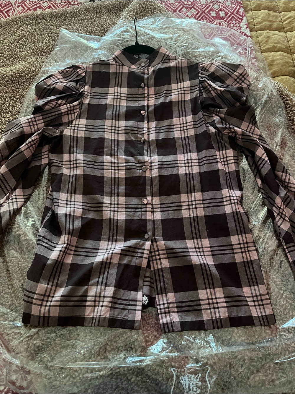 Silvia Tcherassi Pink and Burgundy Plaid Lace-Trim Puff Sleeve Blouse - Picture 2 of 8